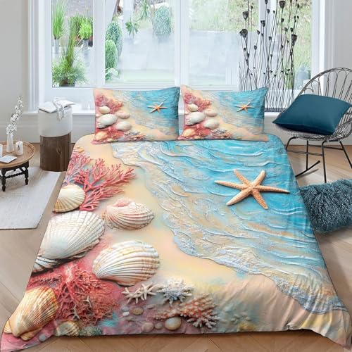 Parure de lit plage en microfibre premium avec motifs coquillages imprimés 3D