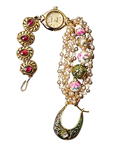 Montre analogique plaqué or chic bracelet réglable montre ethnique avec perles de cristal femme