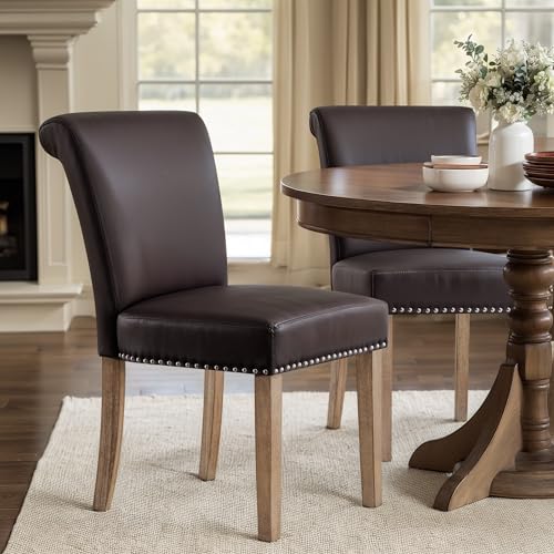 Image of CHUN YI Dining Chairs Set of 2, Faux Leather Dining Room Chairs, Upholstered Modern Kitchen Parsons Chairs for Dining Room with Sturdy Wood Legs, Vintage Brown