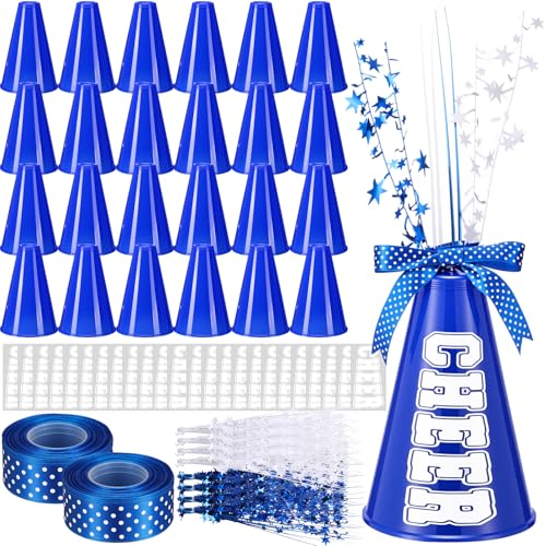 Rotatingpals 24 Pcs Blue Cheer Megaphone Bulk Plastic DIY Megaphone Party Accessory Cheerleading Centerpiece Decor for School Cheers Sports Match Game Outdoor Activities Blue White Table Decor