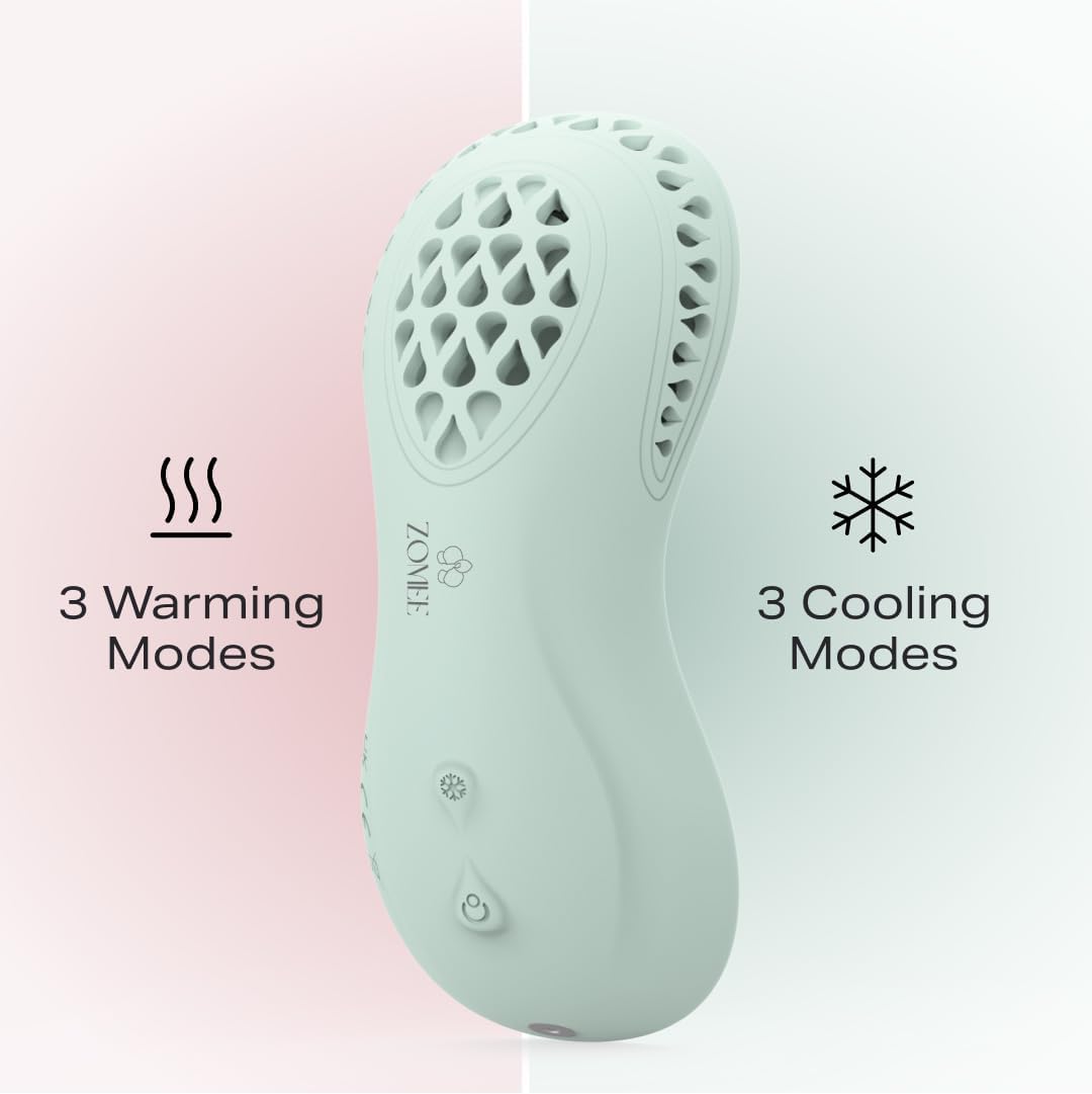 Zomee 3-in-1 Lactation Massager showing 3 warming and 3 cooling modes