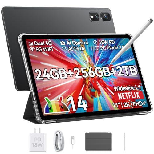 Blackview Tab16Pro Tablet 11 Pollici, 24(8+16) GB RAM 256GB ROM(TF 2TB) Tablet Android 14 with Pen and Case, Octa Core T616, Doppia SIM 4G LTE + 5G Wi-Fi, 13MP+8MP/2K/Widevine L1/7700mAh/GPS/2025