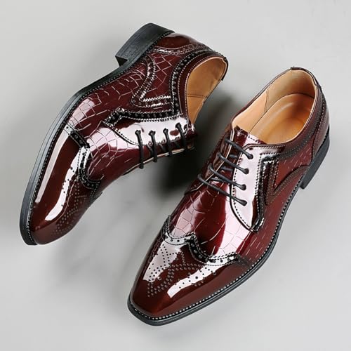 Men's Patent Leather Wingtip Brogue Oxford Dress Shoes - Pointed Toe Alligator Embossed Design Slip-Resistant & Comfortable for Formal Business and Parties4