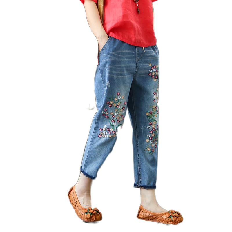 Women's Baggy Drawstring Elastic Waist Cropped Jeans Casual Loose Floral Embroidered Capri Harem Denim Pants