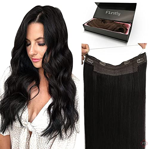Image of Firstly Traders Halo Human Hair Hairpieces Flip in Women Hair Extension Natural Straight Halo Hair Extensions, 18 inches Natural Black