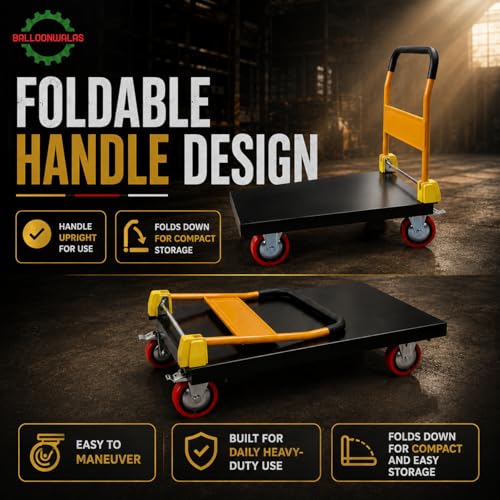 Image of Heavy-Duty Platform Trolley 650 KG, 37 x 25 Inch Steel Deck Platform Truck with Foldable Handle, Lockable 6 Inch PU Wheels for Warehouse, Factory & Industrial Use