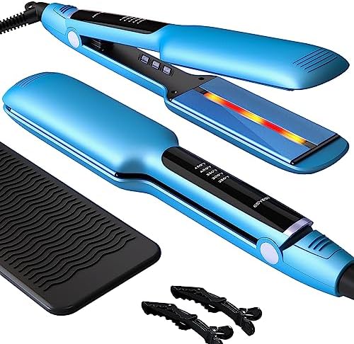 ESYEST Flat Iron Hair Straightener for Thick Curly Hair with Infrared Light Therapy, 2'' Wide Professional Ceramic Straightening Iron with 10s Fast Heating and 5 Adjustable Temp for Woman, Blue