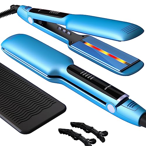 Esyest Flat Iron Hair Straightener For Thick Curly Hair With Infrared Light Therapy, 2'' Wide Professional Ceramic Straightening Iron With 10S Fast Heating And 5 Adjustable Temp For Woman, Blue #TOP24