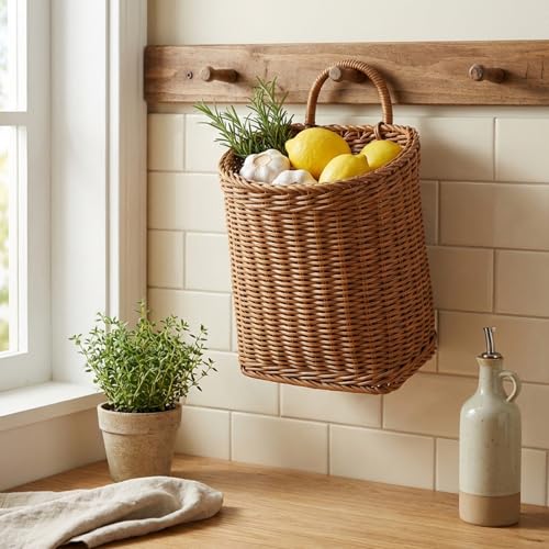 Cesta colgante de mimbre tejida para puerta de entrada con asa resistente 3