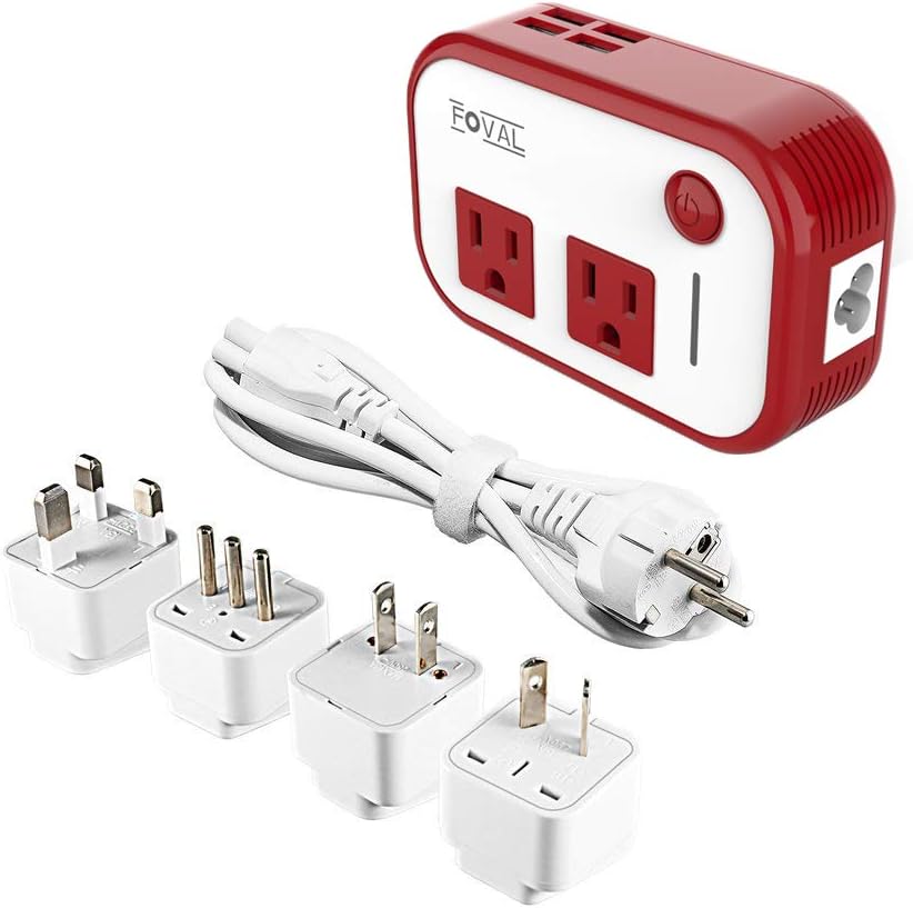 FOVALPower Step Down 220V to 110V Travel Voltage Converter International Power Adapter for Hair Straightener/Curling Iron with 4-Port USB Charging US/UK/AU/IT/EU Universal Plug Adapter (Red)