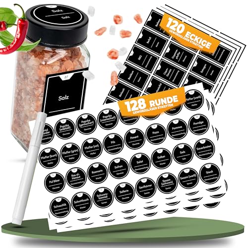 CLIDOR schwarze Gewürzetiketten selbstklebend 248 Stück Wasserfeste Gewürzaufkleber Vorbeschriftet & Blanko inkl. Marker zum Beschriften Etiketten in Rund & Eckig CLIDOR Gewürzgläser kompatibel