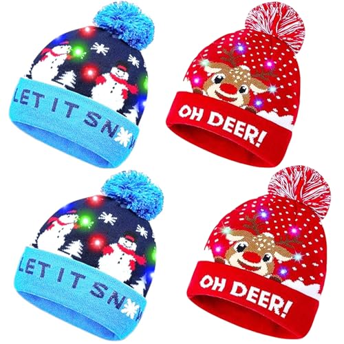 juajua LED Christmas Beanie Hats 4PCS, Light Up Christmas Stretchable Knitted Hats, Unisex Winter Beanie with 3 Colorful LEDs for Xmas Party and Winter Celebration Blue