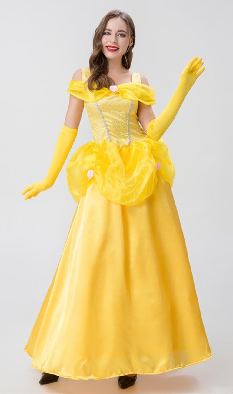 Windskids Damen Belle Kostüm mit Handschuhe Gelb Lang Die Schöne und das Biest Prinzessin Belle Abendkleid DramaKostüm für Frauen Halloween Weihnachten Karneval Partykleid Maskerade Fest Verkleidung Spielzeug