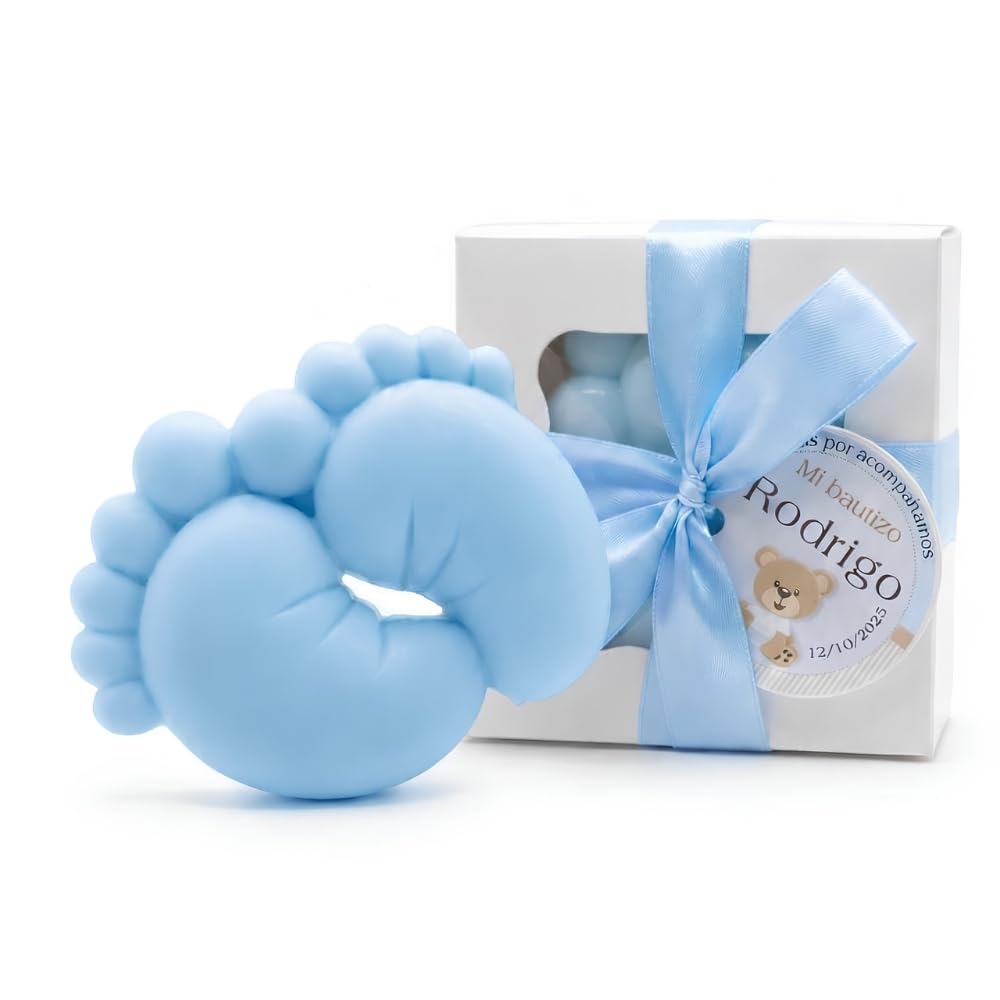 10 Jabones Personalizados para Bautizo - Recuerdos y Regalos Originales - Pie de Bebé de Jabón - Recuerdo de Bautizo para Niño - Jabones para Eventos (Azul)