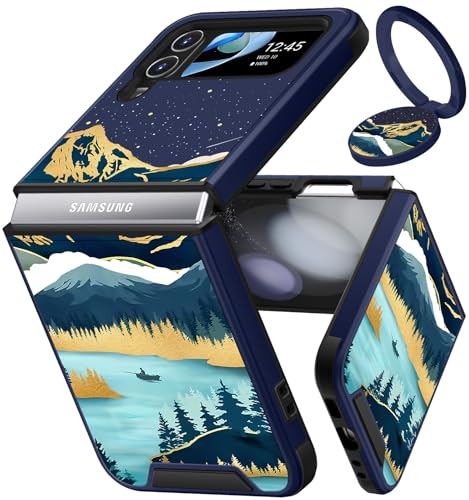 Funermei (2in1 for Samsung Galaxy Z Flip 4 Case Women Girls Cute Phone Cover Teen Girly Aesthetic Pretty Mountain Design with Ring Stand Cool Unique Funda for Samsung Z Flip 4 Cases 6.7'' (2022)