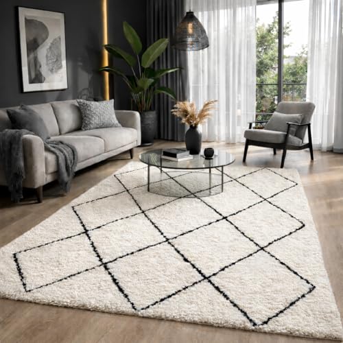 the carpet Bahar Shaggy Tapis de Salon élégant à Poils Longs Doux et Facile d'entretien Crème/Noir 80 x 150 cm