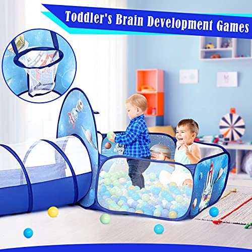Image of PigPigPen 3pc Kids Play Tent for Boys with Ball Pit, Crawl Tunnel, Rocket Ship Tents for Toddlers, Baby Space World Playhouse Toys, Boys Indoor& Outdoor Play House, Perfect Kid's Gifts