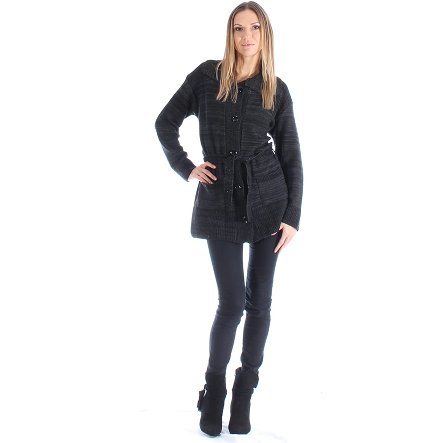 Trendy Diva Chunky Cardigan 2 Pocket Tie Up Knitwear Relaxed Fit Knitted Cardigan with V Neckline Ribbed Hem Cuff and Collar (Medium 12-14, Charcoal Black)