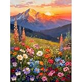 Clendo Landscape Paint by Numbers Kit for Adults Beginner, Flower Mountain Adult Paint by Number Kits on Canvas, Sunset Oil Painting Kit for Beginners Gift Home Wall Decor 16x20 Inch