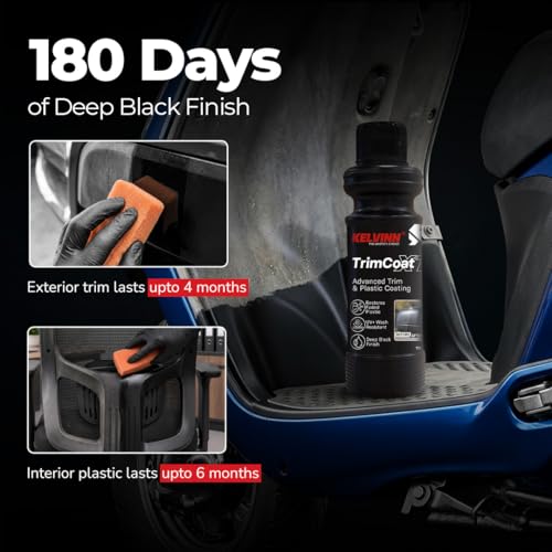 Image of Kelvinn TrimCoat XT Trim Restorer 110ml, Plastic & Rubber Restorer for Car Bike Exterior, Deep Black Finish for Faded Bumpers Mouldings Trims, UV Protection Water Repellent Wash Resistant Coating