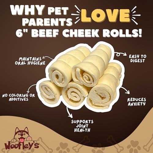 Image of Woofley's 6 inches Buffalo Beef Cheek Roll -(50 Count)- Beef Cheek Rolls for Dogs - Long Lasting Natural Dog Chews