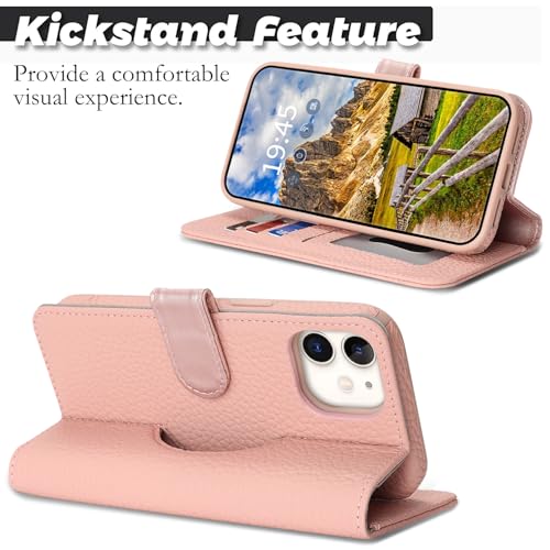 Image of Detachable Genuine Leather Case for iPhone 12 /12 Pro Wallet Case Magnetic 2in1 Removable Flip Cover Book Purse Compatible with Magsafe Charging Kickstand Card Holder-Pink