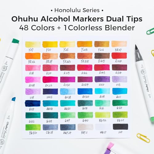 Image of Ohuhu Alcohol Markers Brush Tip: 48-Color Double Tipped Art Marker Set for Artist Adults Coloring Illustrations -Honolulu -Brush & Chisel -Refillable, Multicolor