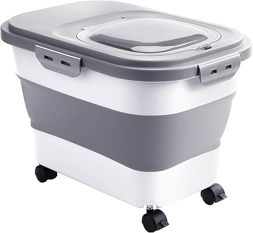 UNIDISCIPLE Contenedor grande de comida para perros con ruedas (20-23 libras), almacenamiento de alimentos plegable para mascotas con tapa y cuenco