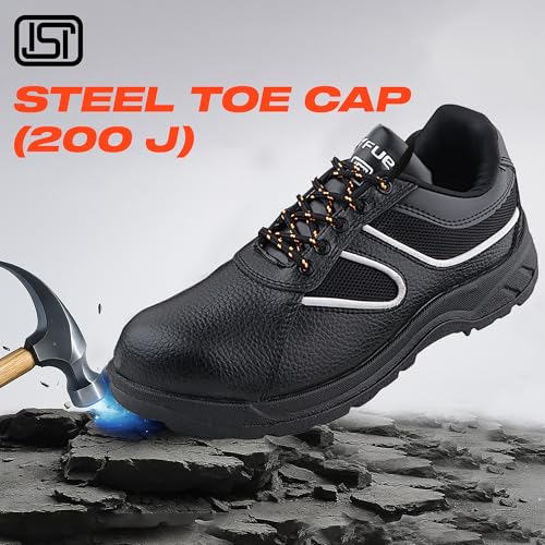 Image of FUEL Shank ISI Marked Industrial Safety Shoes for Men with Synthetic Leather Upper & PVC Single Density Sole Steel Toe 100J Energy Absorption Shoes for Mens (Size-7,Black)