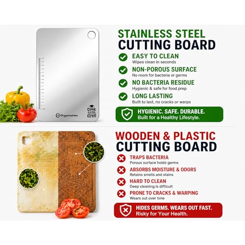 Image of OrganizeMee Chopping Board Stainless Steel Metal Cutting Kitchen,Heavy Duty Choping-Board Vegetable, Meats vegitable Chopper Boards,Safe Durable with Anti-Skid Silicon Pad (New Medium)(31.8CM X 21CM)