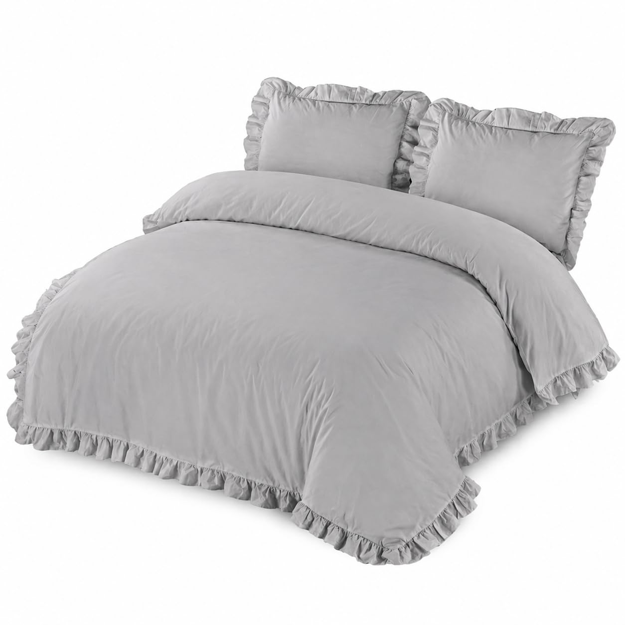 Nightzone Silver Santiago Duvet Cover Bedding Set Frilled Edge Easy Care Polycotton Plain Pattern Ruffle Frill Corner With Pillowcases (, King)