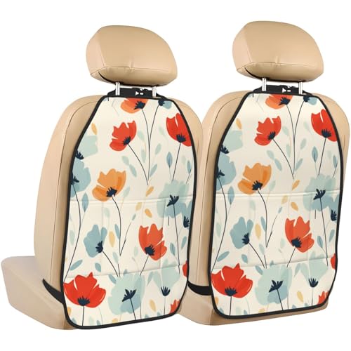 Pastel Red And Blue Flowers Retro Car Seat Back Kick Protectors,2 Pack Kick Mats With Storage Pockets For Vehicles To Protect From Dirt Mud Scratches