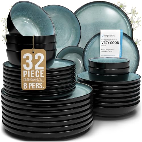 32 Piece Dinnerware Sets for 8 – Modern Style Stoneware Dinnerware Set – Scratch Resistant, Dishwasher Safe Plates and Bowls Sets Ceramic, Dish Set, Bowl and Plate Set – Black and Petrol Blue…