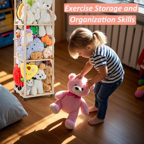 Holz Kuscheltier Aufbewahrung, Stofftier Aufbewahrung Mit 360°Bremse-Ausgestattete Räder, 150 * 40 * 40cm Plüschtier Organizer für Kinderzimmer, Spielzimmer, Wohnzimmer usw