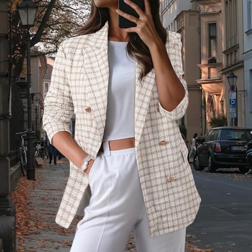 Womens Tweed Blazers Plaid Blazer Casual Business Open Front Jackets Long Sleeve Double Breasted Jacket Work Suits3
