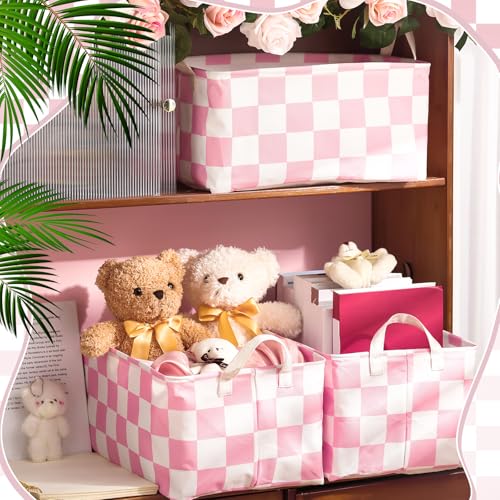 Image of Boao 3 Pcs Pink and White Checkered Storage Basket with Handle Cute Car Baskets Gingham Classroom Laundry Toy Storage Bin Organizer Canvas Plaid Hamper for Dormitory Home Nursery Bathroom Bedroom