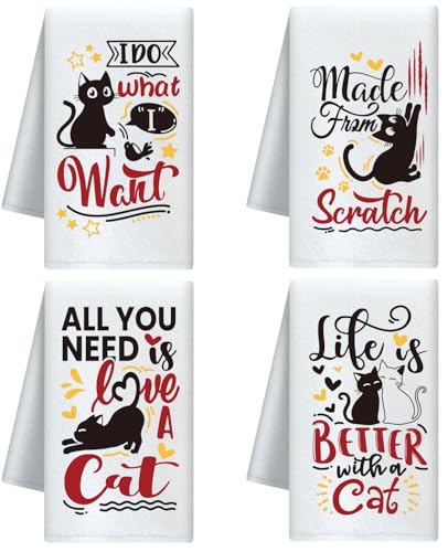 CUTHOLLOW Juego de 4 Paños de Cocina Divertidos, Vaca y Girasol, Paños Cocina Gato Negro Gracioso, Toallas Decorativas Microfibra para Cocina, Café, Bar, Hogar, Cumpleaños