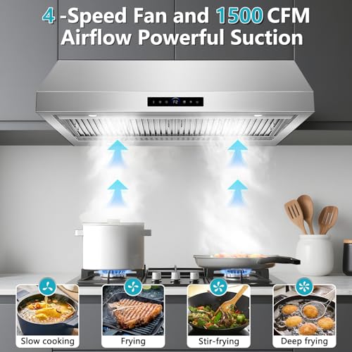 Image of 48 inch Under Cabinet Range Hood 1500 CFM with 4-Speed Gesture Sensing & Touch Control, Stainless Steel Kitchen Stove Vent Hoods with 4 LED lights, Time Setting, Dishwasher-Safe Baffle Filters