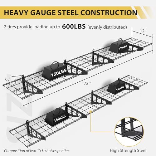 2 Pack 1x6Ft Garage Storage Shelving Wall Mounted, 12-Inch-By-72-Inch 600 Lbs Heavy Duty Storage Shelves, Wall Shelve Garage Storage Rack Floating Shelves Organization for Warehouse, Laundry