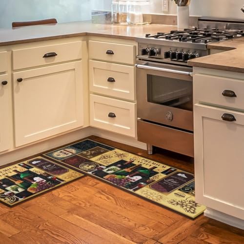 Juego de alfombrillas antideslizantes para cocina con temática de café, diseñadas para mayor estabilidad y durabilidad, hechas de material de poliéster, fáciles de limpiar (impresión de vino)