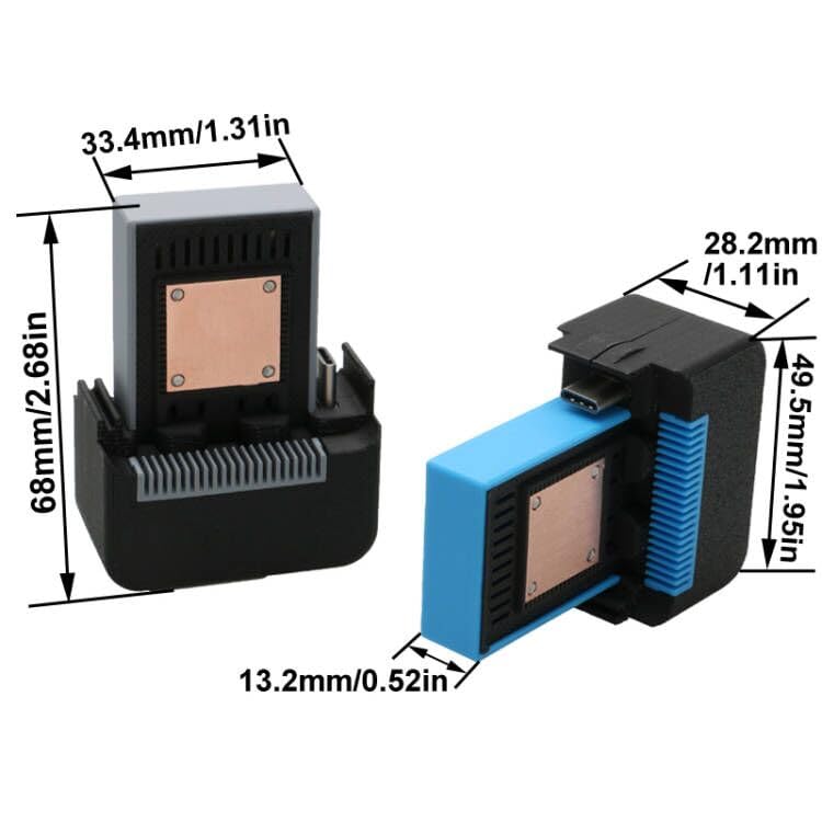 1PCS Action Camera Cooling Fan Radiator Red Copper Heat Dissipation Module 3D Printed Shell Support Type-C-Type-C Data Cable Air-Cooled Heat Sink for GoPro 9/10/11/12/13 (Black-Blue)