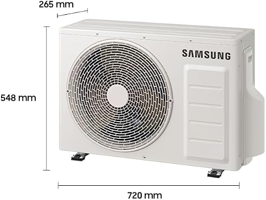 Unidade condensadora externa do ar-condicionado Samsung com indicação de medidas em milímetros