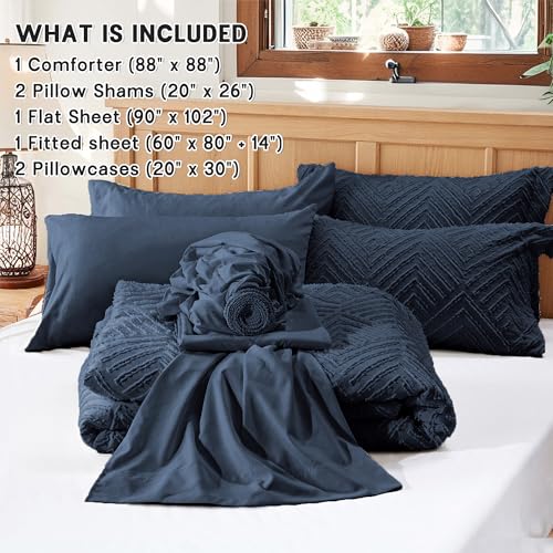 Zzlpp Queen Comforter Set 7 Pieces, Navy Blue Tufted Bed in a Bag with Comforter and Sheets,All Season Boho Bedding Sets with Comforter, 2 Pillow Shams, 2 Pillowcases, 1 Flat Sheet, 1 Fitted Sheet by Zzlpp - Image 5