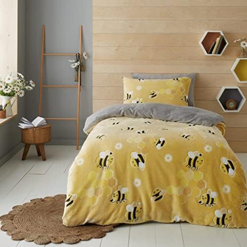 LIZZIE JACOBS Teddy Fleece Glow in The Dark Duvet Cover Sets Super Soft Warm Cosy Sherpa Fleece Winter Xmas Quilt Covers Bedding Sets GC (Single, Sweet Bees)
