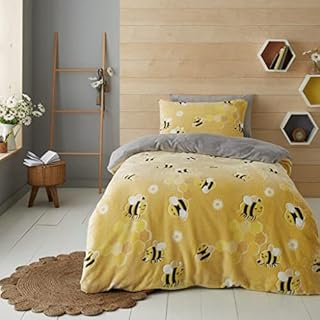 LIZZIE JACOBS Teddy Fleece Glow in The Dark Duvet Cover Sets Super Soft Warm Cosy Sherpa Fleece Winter Xmas Quilt Covers Bedding Sets GC (Single, Sweet Bees)
