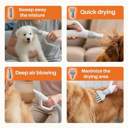 Image of NEWBULIG Dog Hair Dryer, 1550W High Velocity Pet Blow Dryer with Heater for Grooming, Speed Temperature Adjustable Dog Blower Grooming with 4 Nozzles, White
