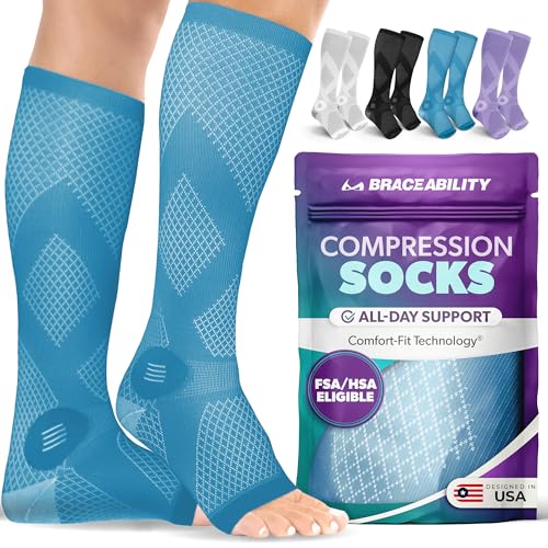 Image of BraceAbility Compression Socks for Circulation - 20-30 mmHg Knee High Neuropathy Open Toe Stockings for Varicose Veins, Swelling, RLS, Medical Toeless Support for Men or Women - 1 Pair (XL - Teal)