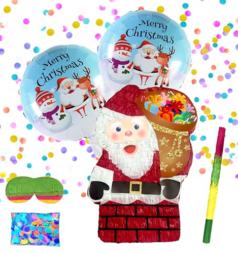 Santa Claus Pinatas, Santa Claus in Chimney Pinatas Festive Christmas Decorations for Themed Celebrations and Holiday Party Games Includes Busterstick,Blindfold,Confetti and 2 Chirstmas Ballons
