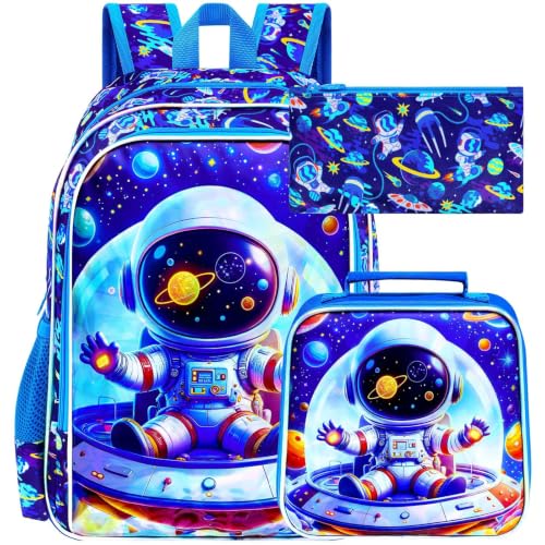Image of 3Pcs Space Backpack for Boy, 16 inch Astronaut Bookbag for Elementary Preschool Kindergarten, Kids School Backpacks with Lunch Box (Blue)