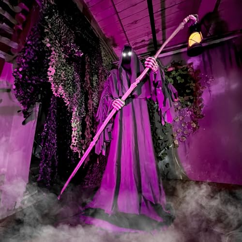 Haunted Hill Farm Motion-Activated 6-Ft. Tall Ghostly Guide, Plug-in Talking Scare Prop Animatronic with Spooky Sound Effects and Lights for Indoor or Covered Outdoor Creepy Halloween Decoration